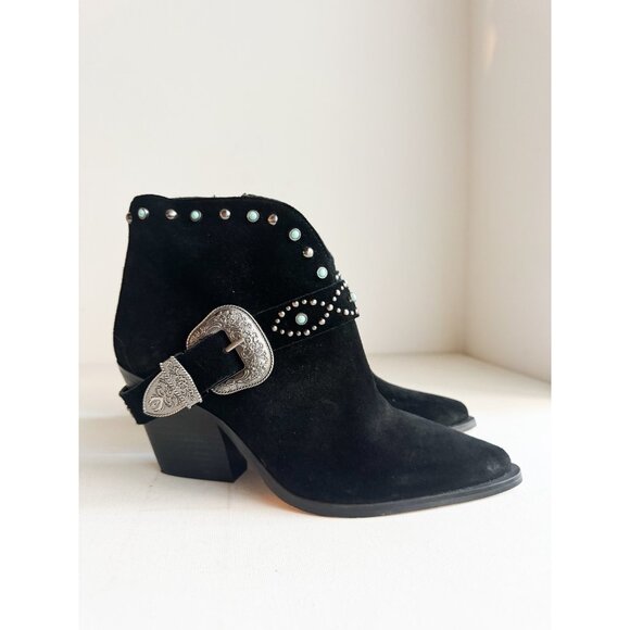 Jessica Simpson Black Suede Silver tone Buckle  Stud Detail Pointy Toe Booties 8 - Picture 1 of 9